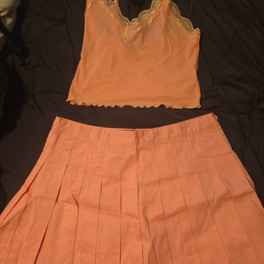 Current Mood Pink Lace Trim Top and Pleated Skirt Set